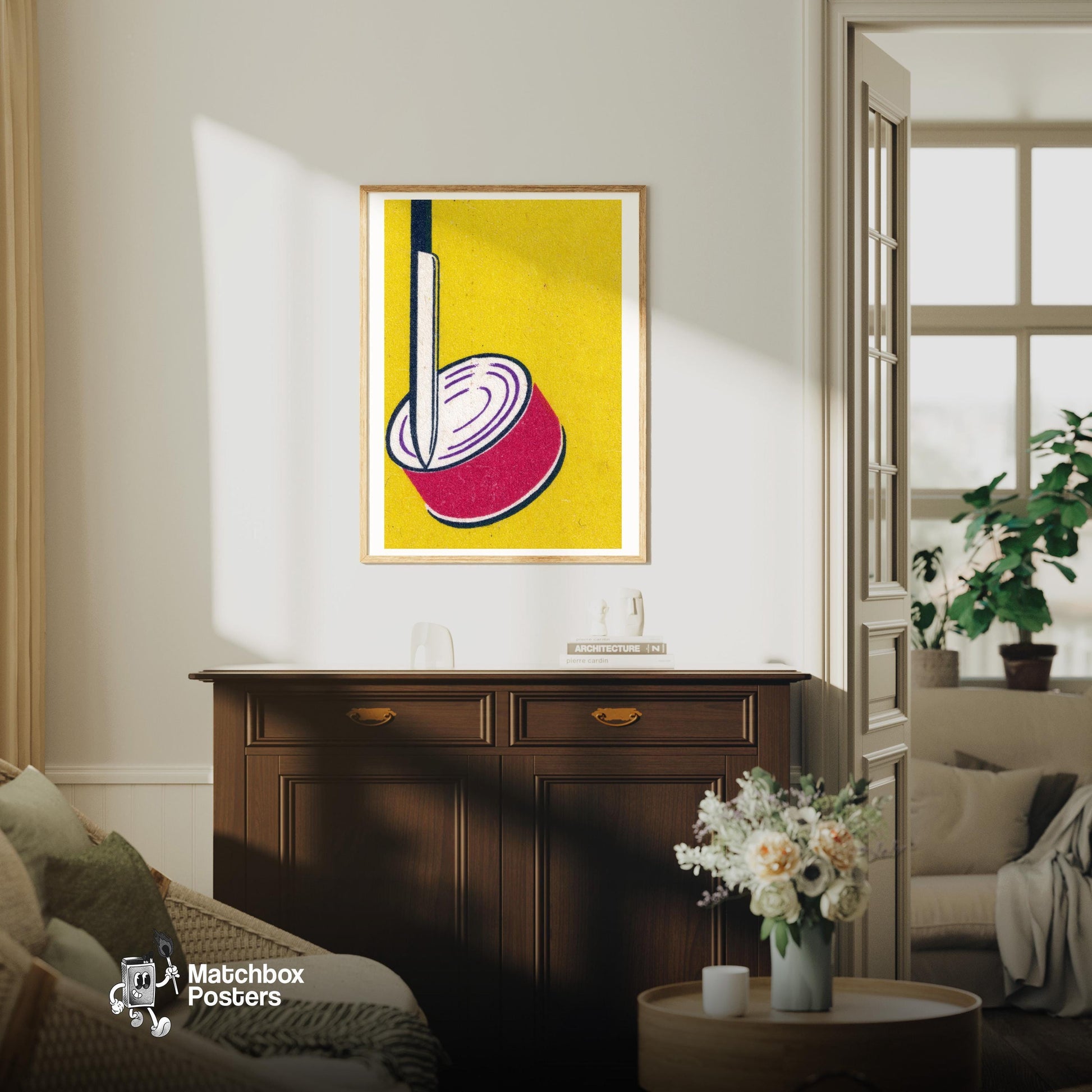 Illustration Of A Sliced Red Onion - vintage matchbox label print - living room mockup