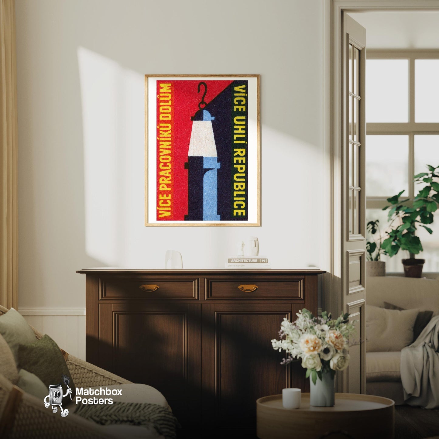 Miner's Lamp - vintage matchbox label print - living room mockup