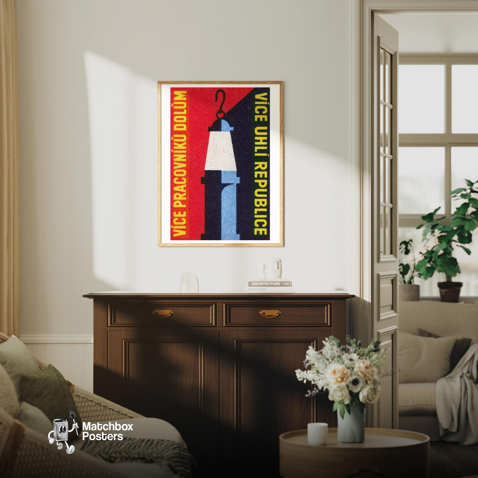 Miner's Lamp - vintage matchbox label print - living room mockup