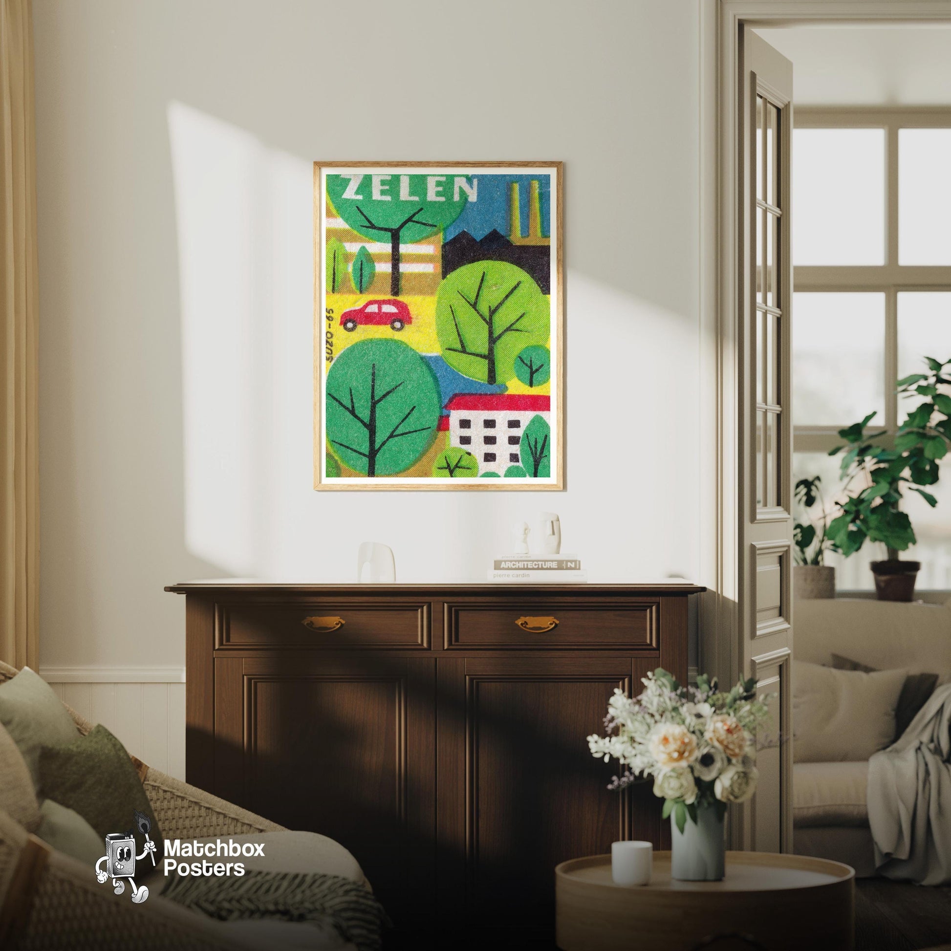 Urban Landscape - vintage matchbox label print - living room mockup