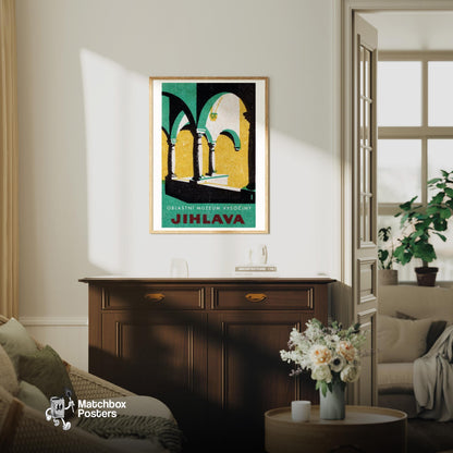 Arched Colonnade - vintage matchbox label print - living room mockup