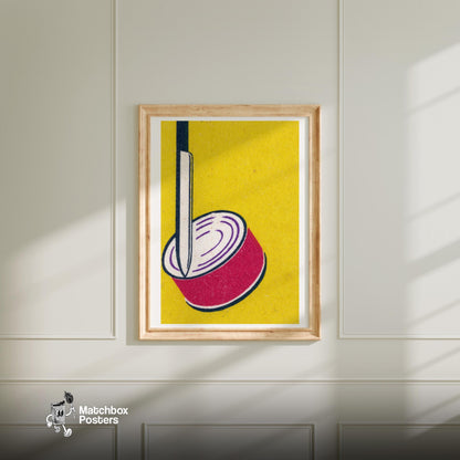 Illustration Of A Sliced Red Onion - vintage matchbox label print - bedroom mockup
