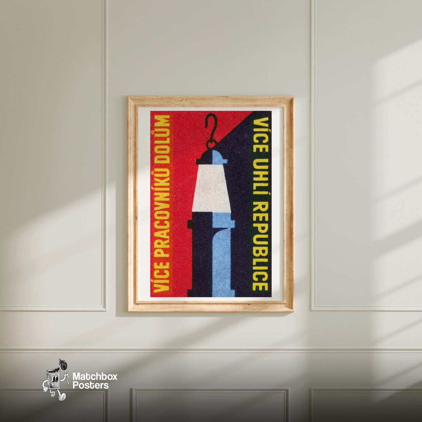 Miner's Lamp - vintage matchbox label print - bedroom mockup