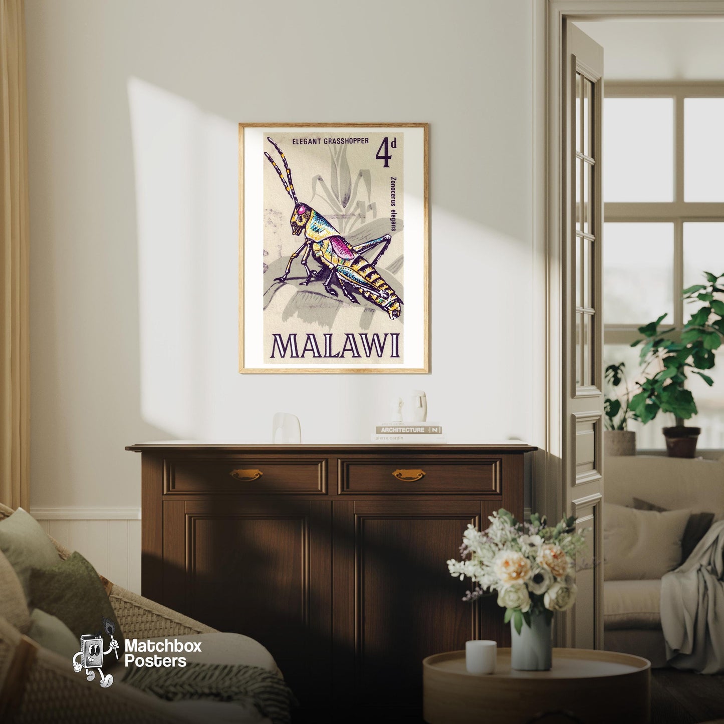 Grasshopper - vintage matchbox label print - living room mockup