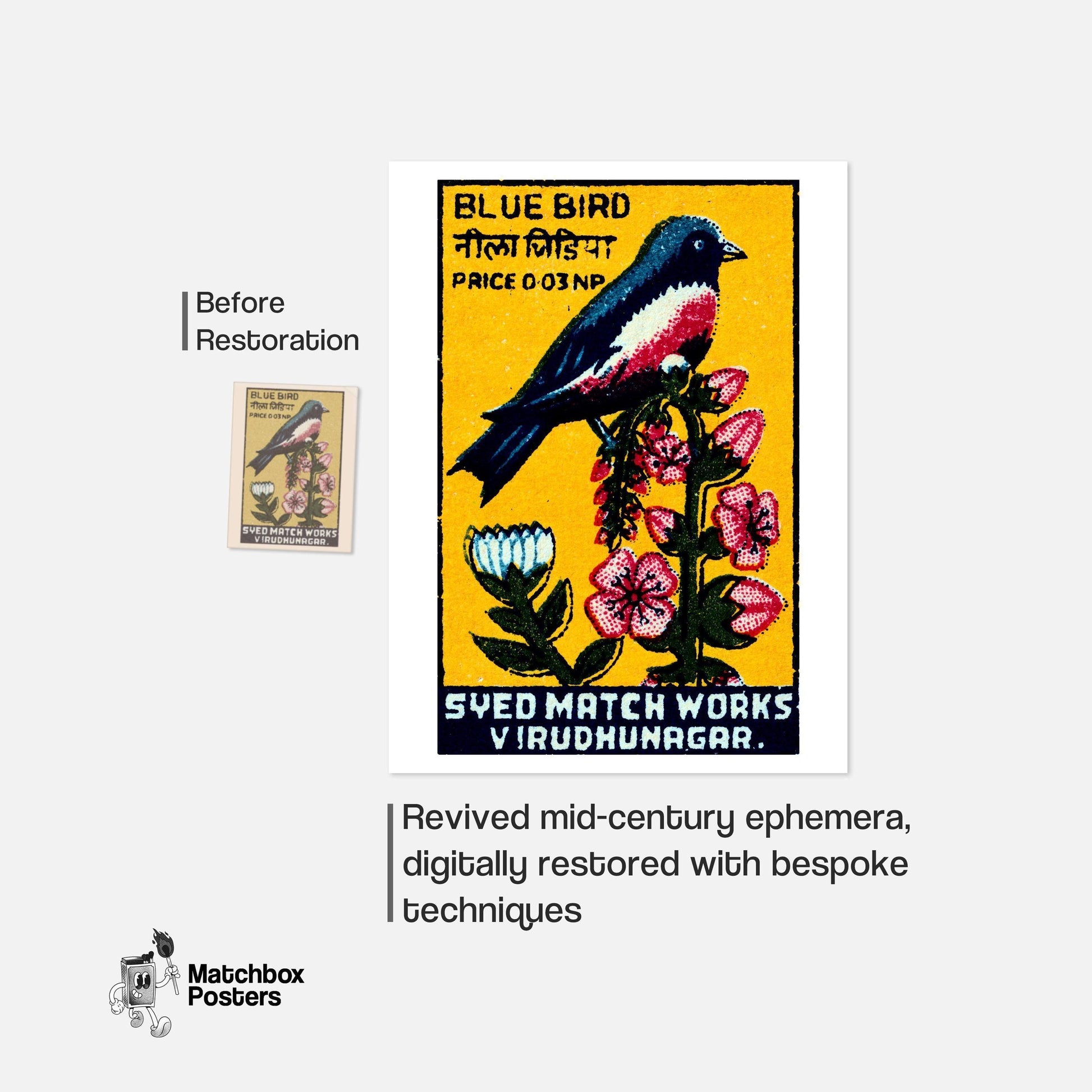 Blue Bird - vintage matchbox label print - framed wall art preview