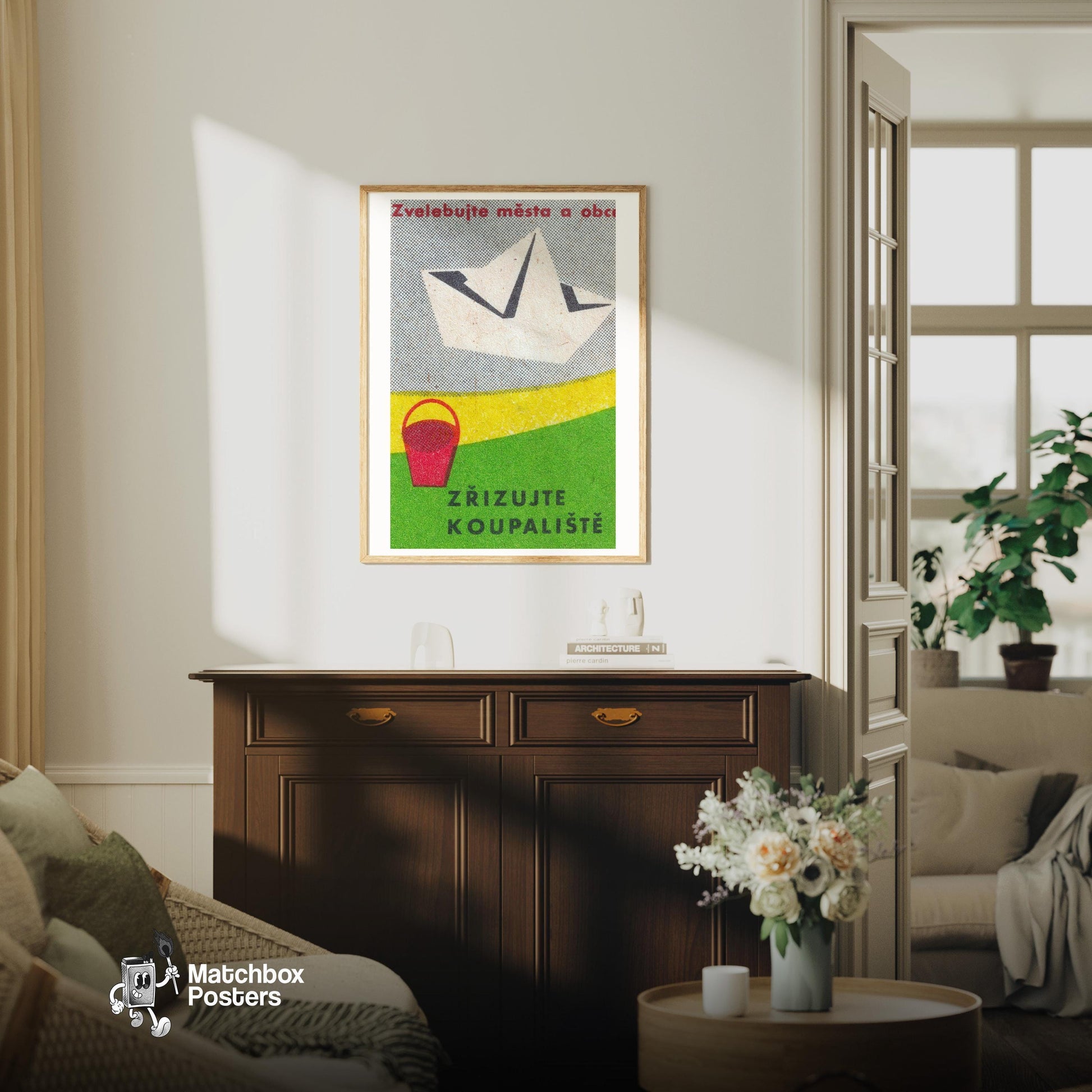 Paper Boat - vintage matchbox label print - living room mockup