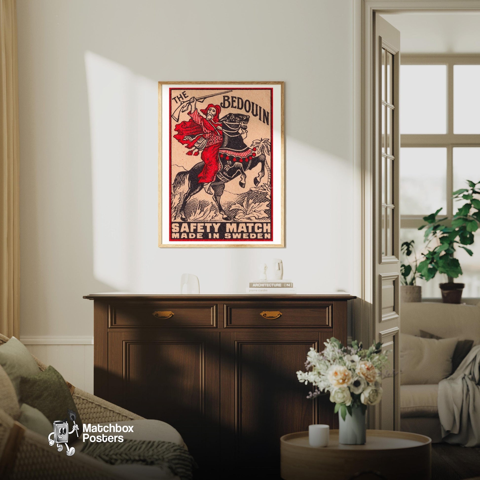 Bedouin Rider - vintage matchbox label print - living room mockup