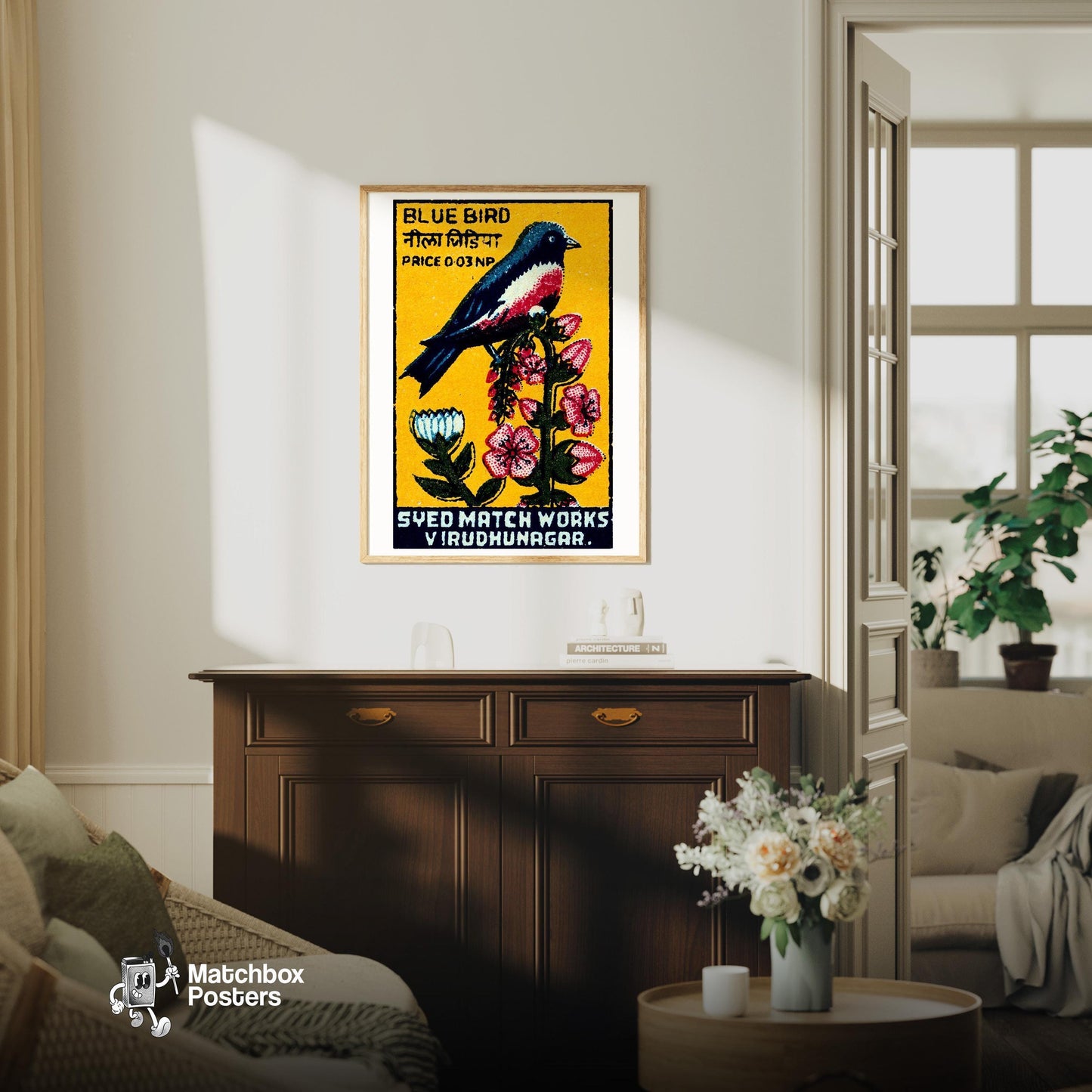 Blue Bird - vintage matchbox label print - living room mockup