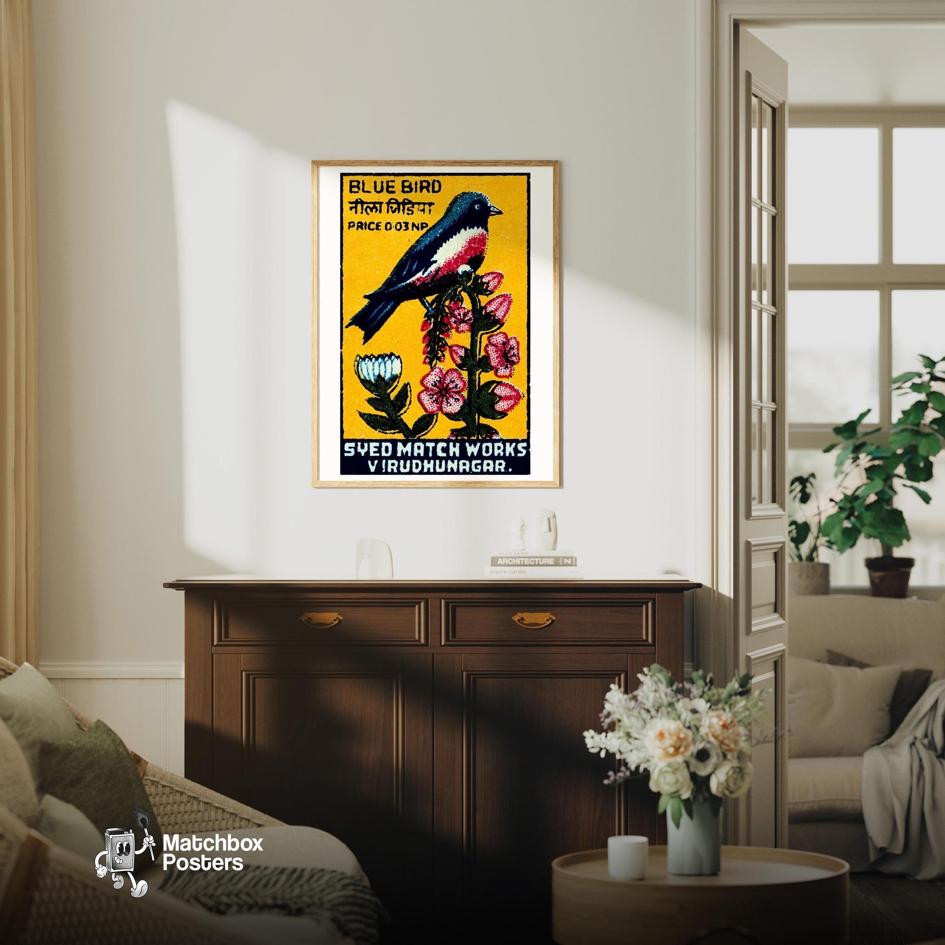 Blue Bird - vintage matchbox label print - living room mockup