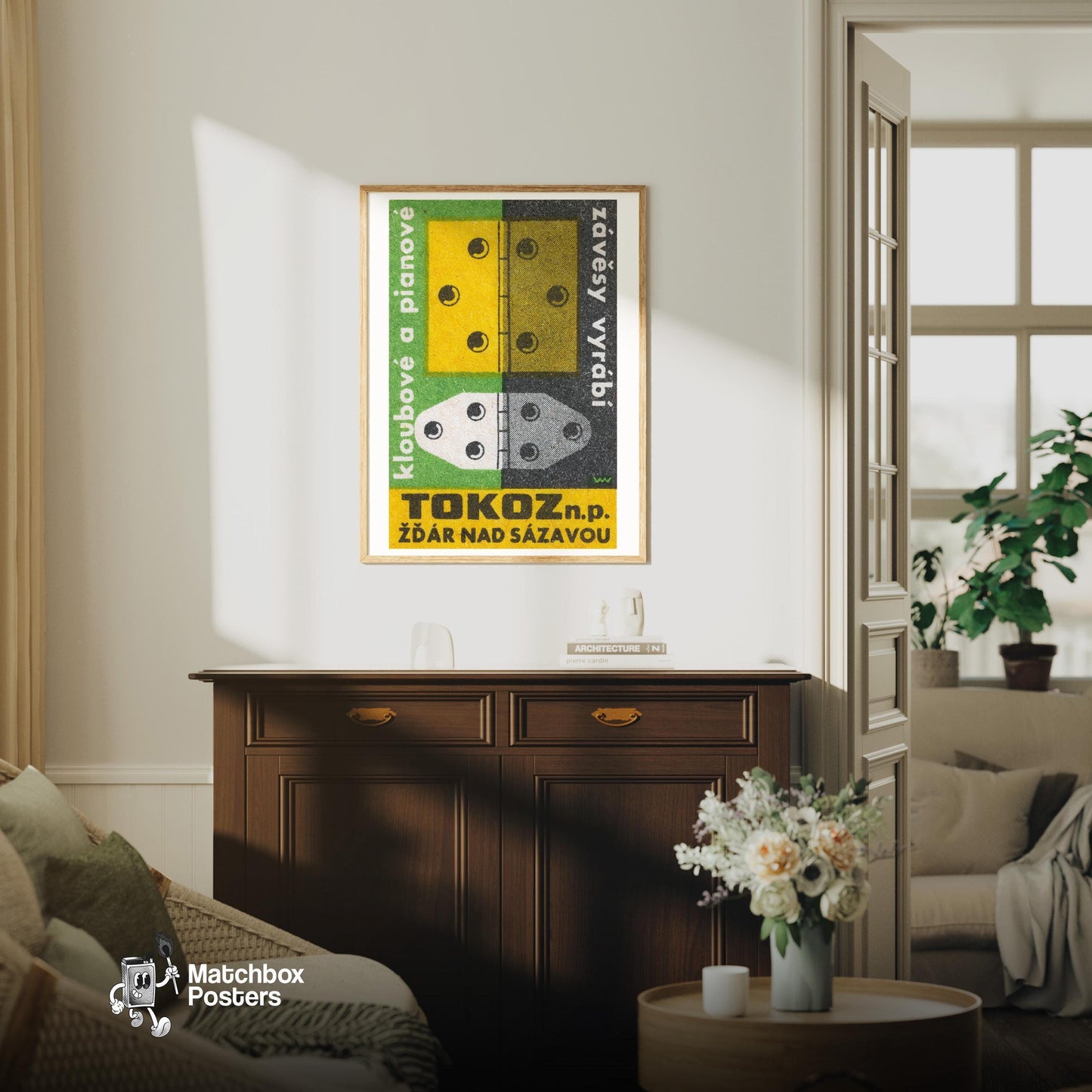 Hinges - vintage matchbox label print - living room mockup