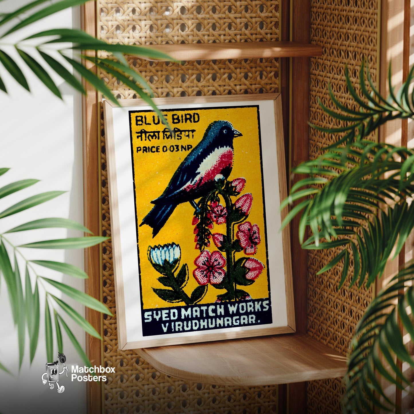 Blue Bird - vintage matchbox label print - office wall