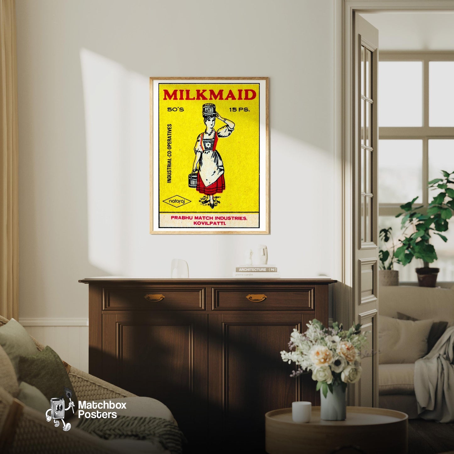 Milkmaid - vintage matchbox label print - living room mockup