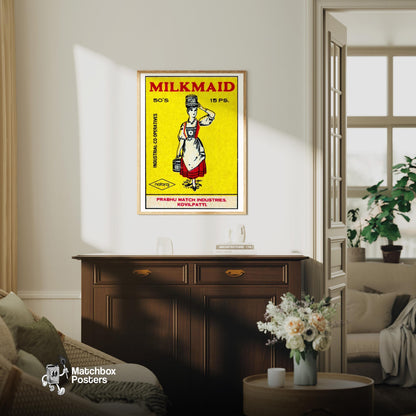 Milkmaid - vintage matchbox label print - living room mockup