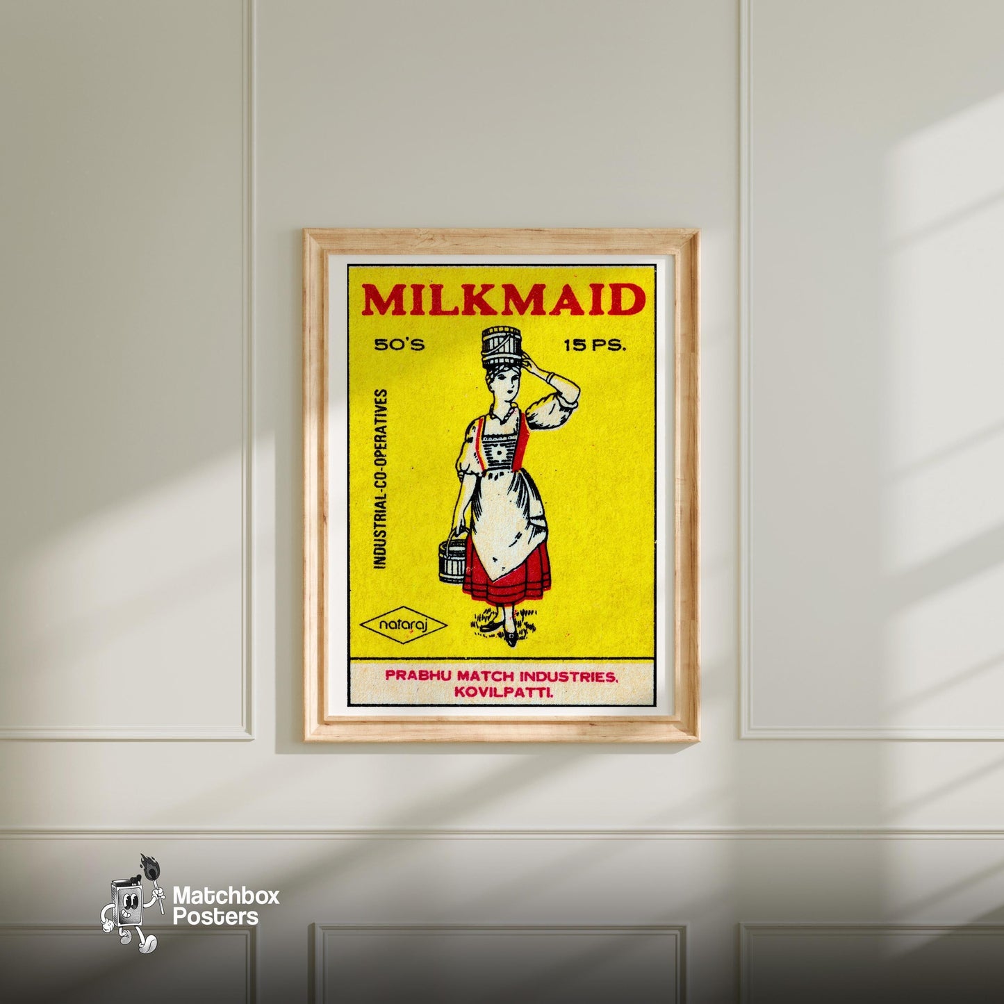 Milkmaid - vintage matchbox label print - bedroom mockup