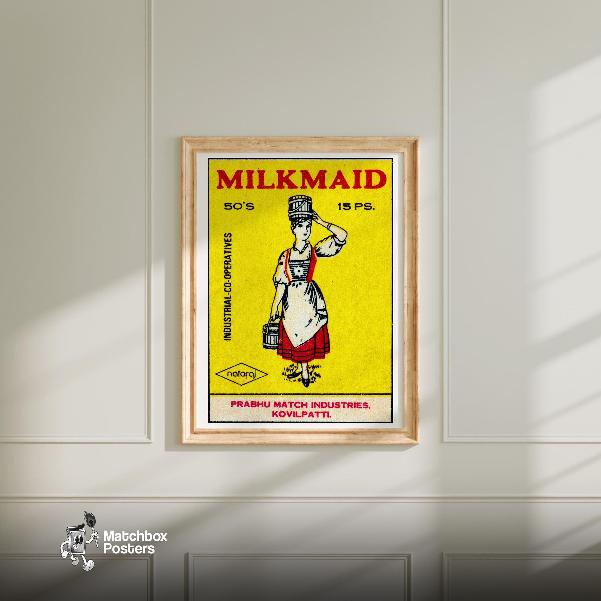 Milkmaid - vintage matchbox label print - bedroom mockup