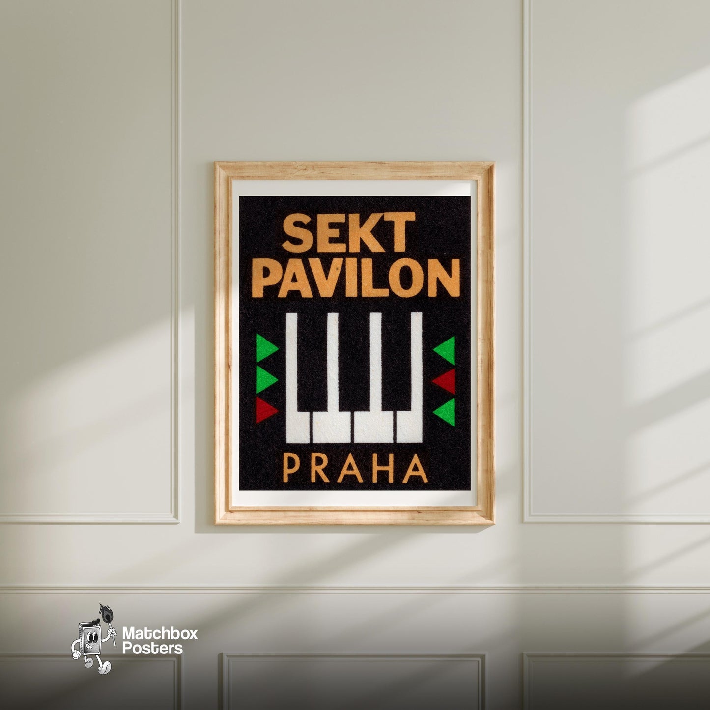 Prague Piano - vintage matchbox label print - bedroom mockup