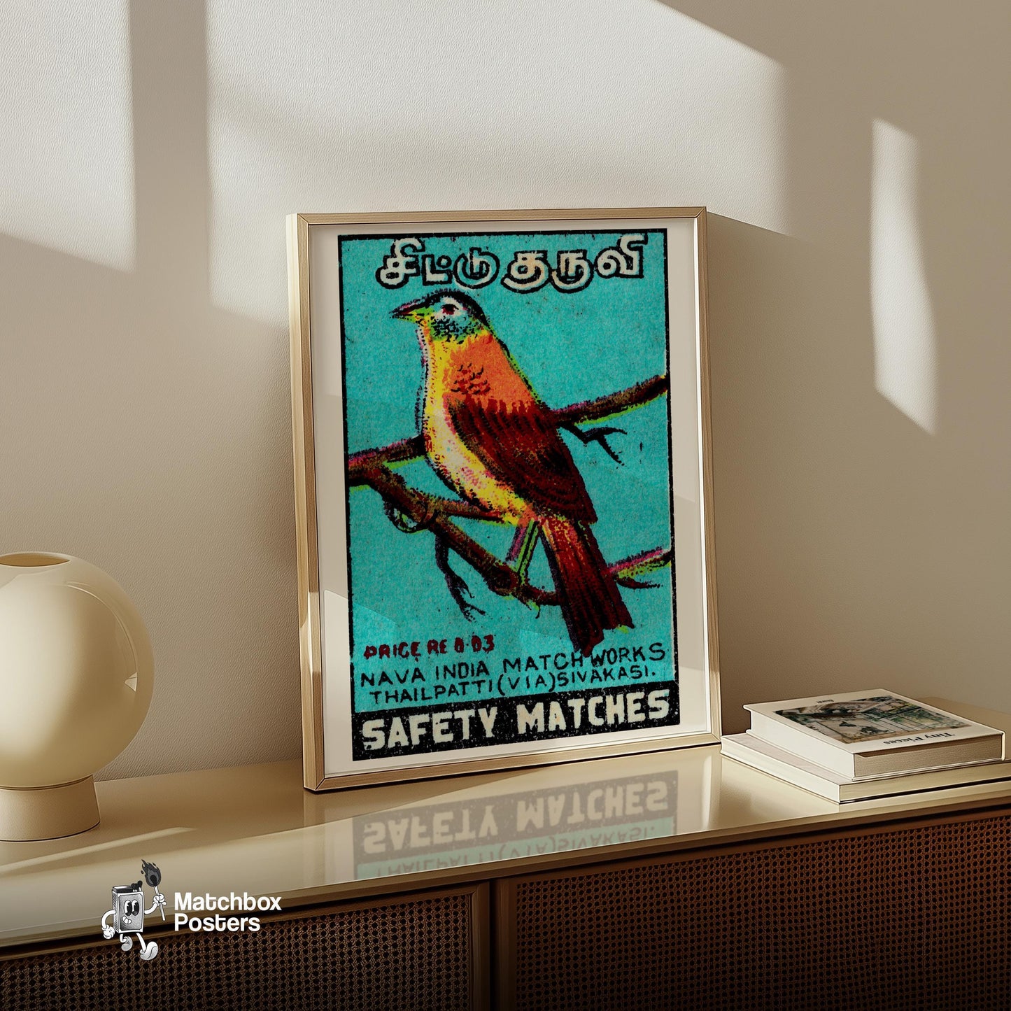 Indian Bird - vintage matchbox label print - size comparison