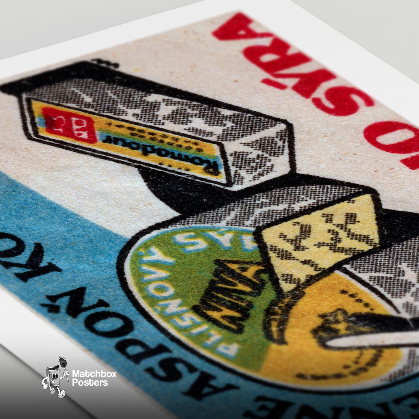Cheese with Knife - vintage matchbox label print - close-up detail