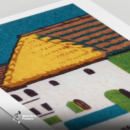 Straw Roof House - vintage matchbox label print - close-up detail