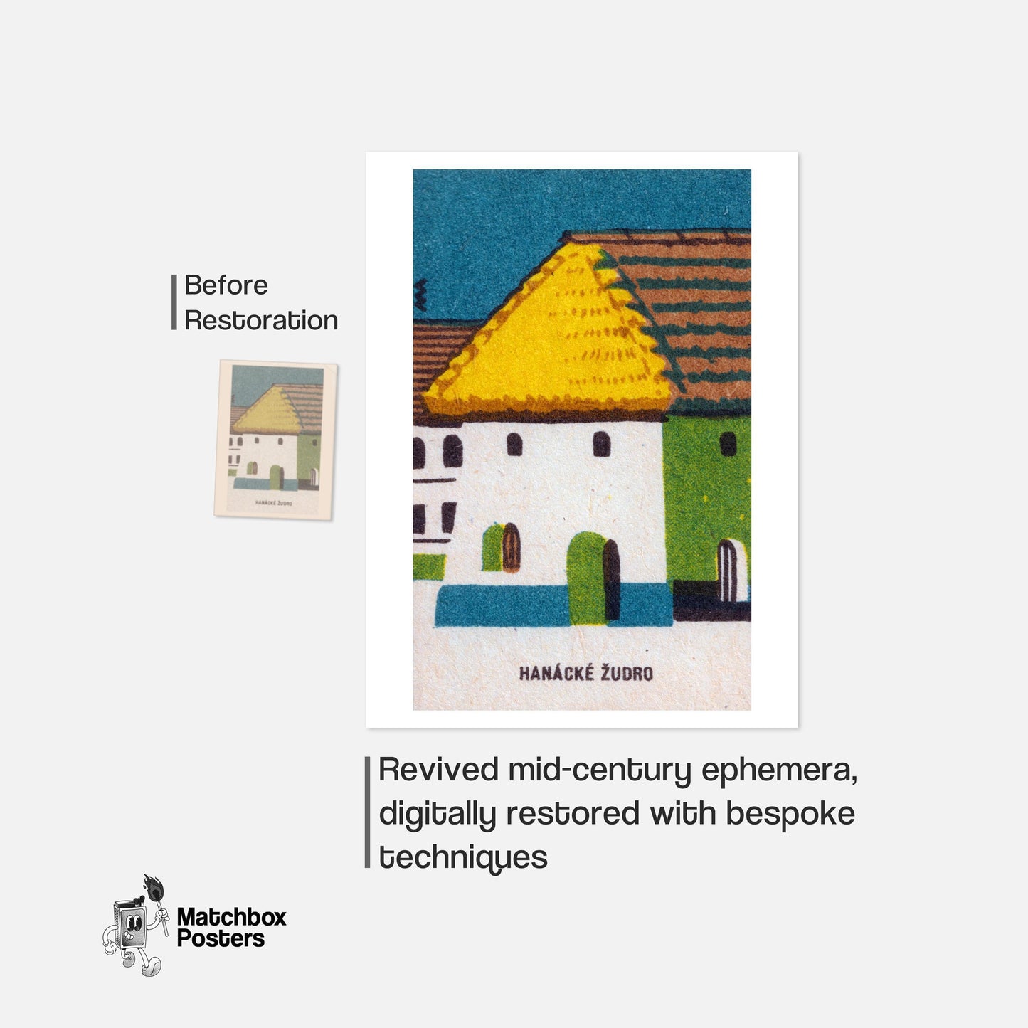 Straw Roof House - vintage matchbox label print - framed wall art preview