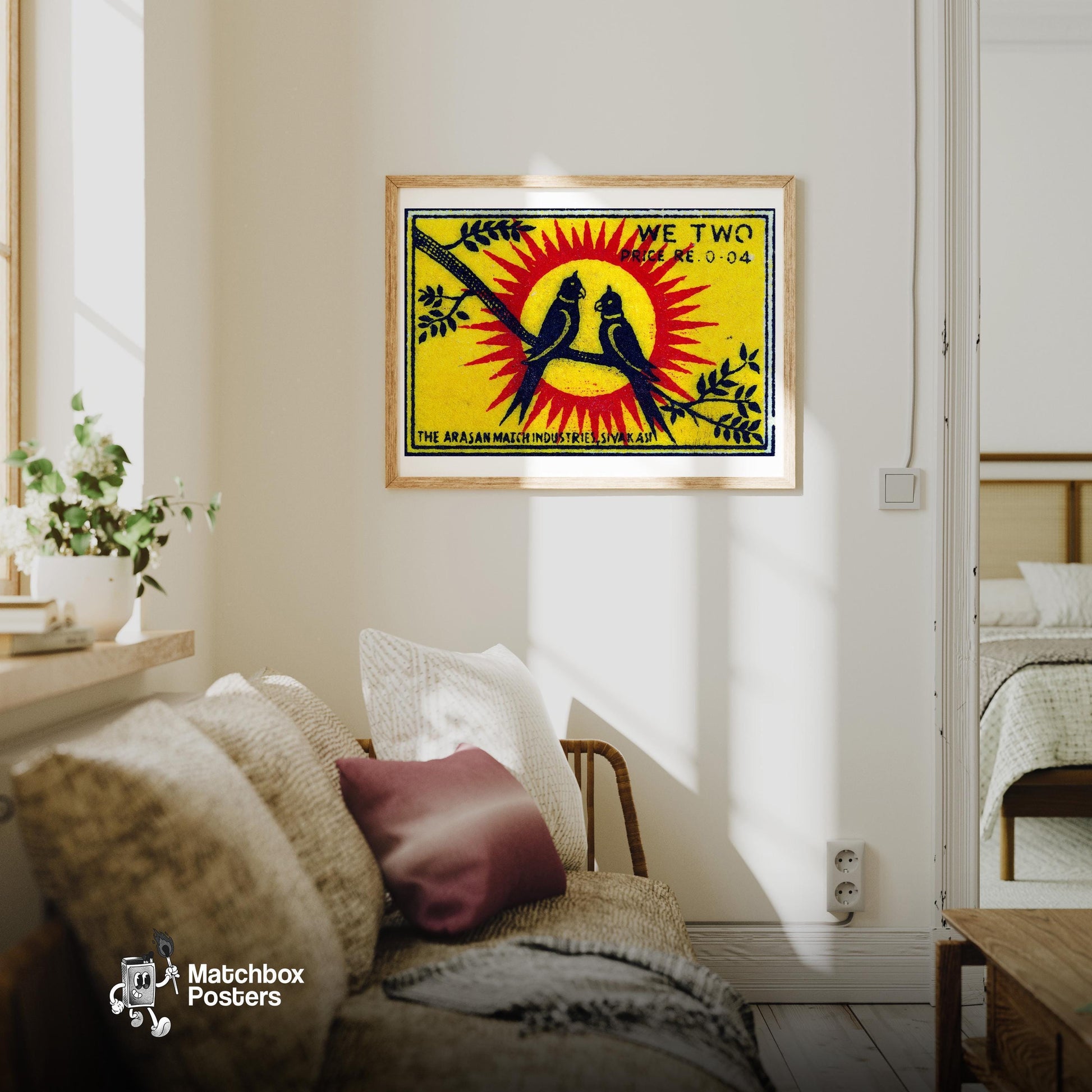 Parrot Couple - vintage matchbox label print - living room mockup