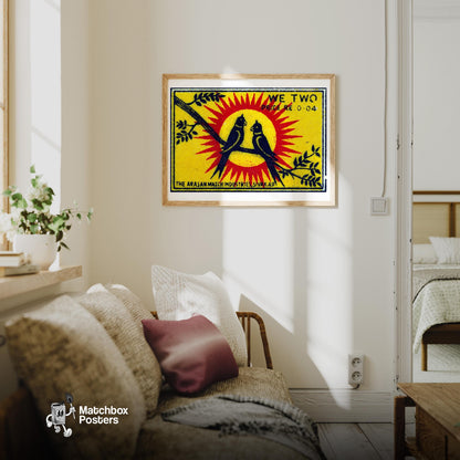 Parrot Couple - vintage matchbox label print - living room mockup
