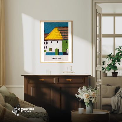 Straw Roof House - vintage matchbox label print - living room mockup