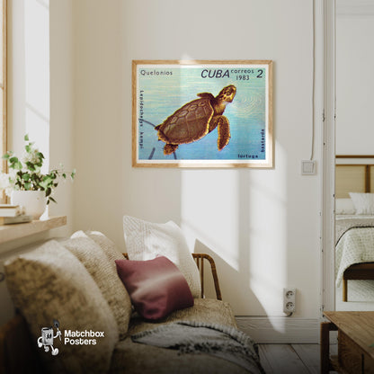 Sea Turtle - vintage matchbox label print - living room mockup