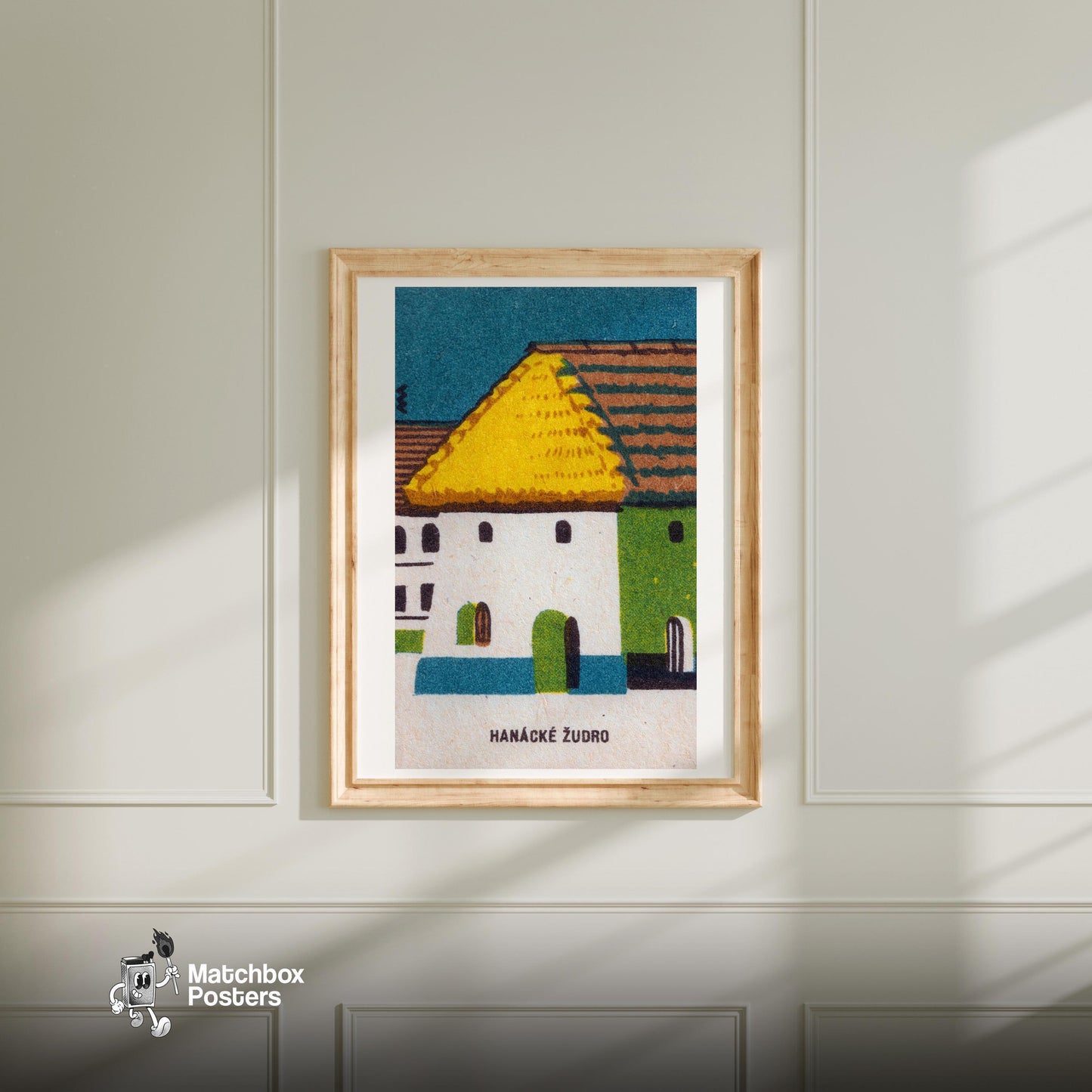 Straw Roof House - vintage matchbox label print - bedroom mockup