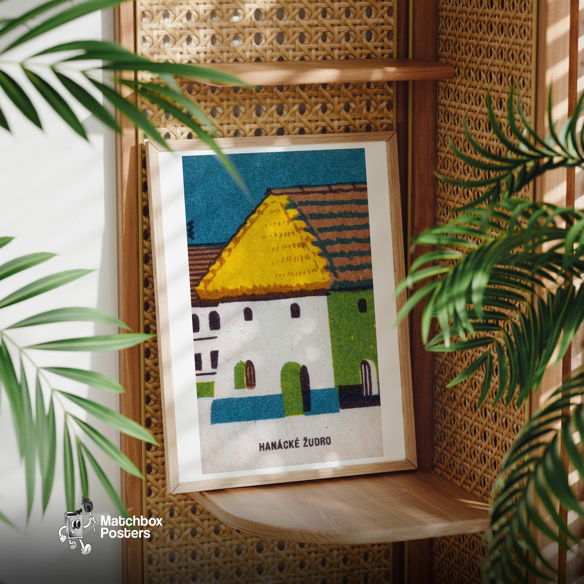 Straw Roof House - vintage matchbox label print - office wall