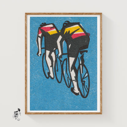 Two Cyclists - vintage matchbox label print