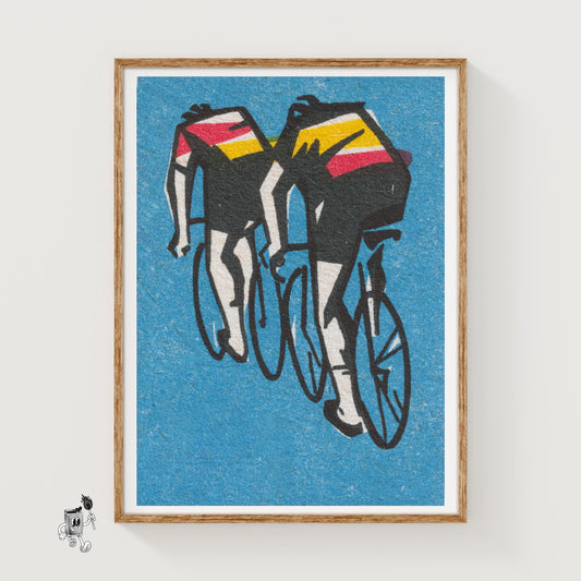 Two Cyclists - vintage matchbox label print