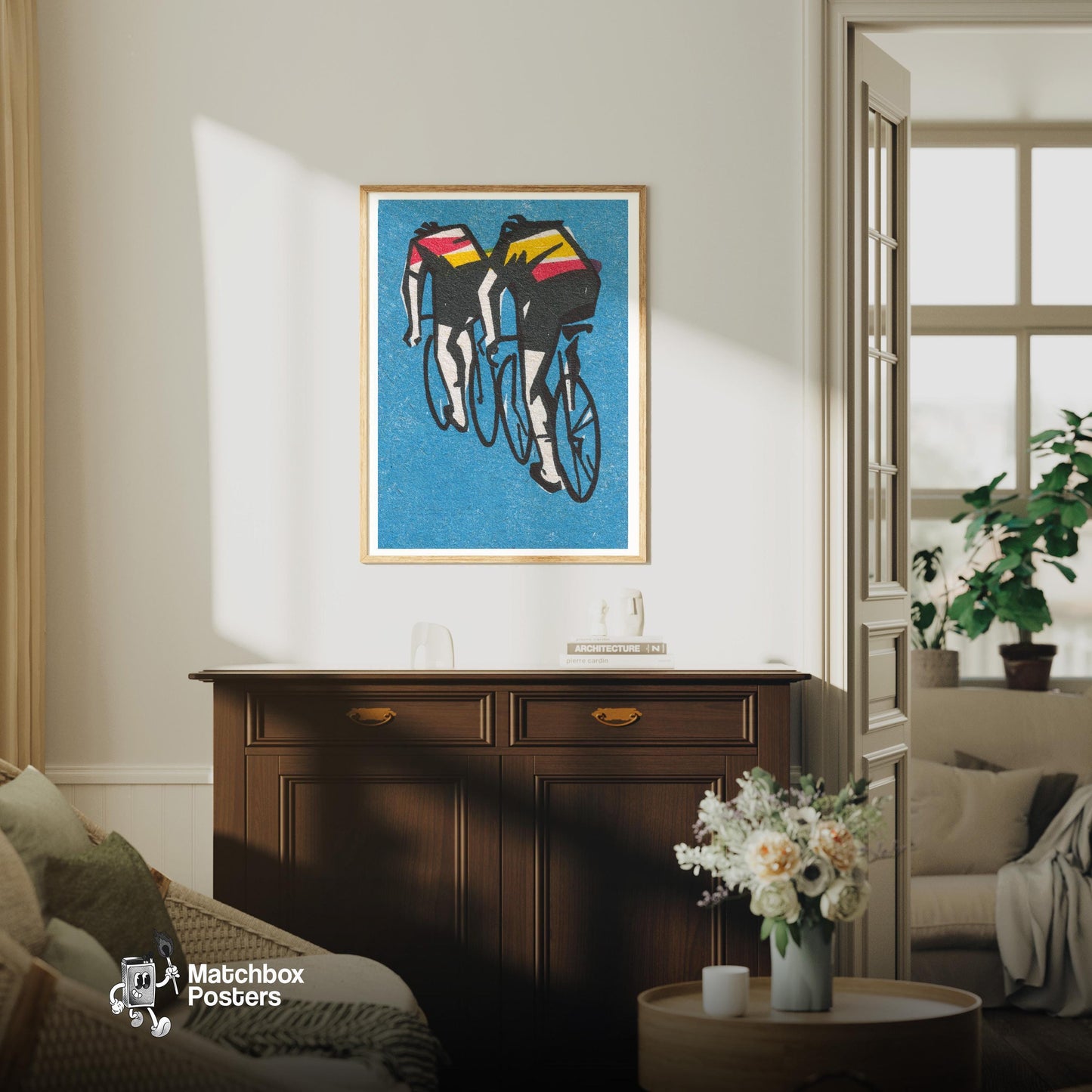 Two Cyclists - vintage matchbox label print - living room mockup