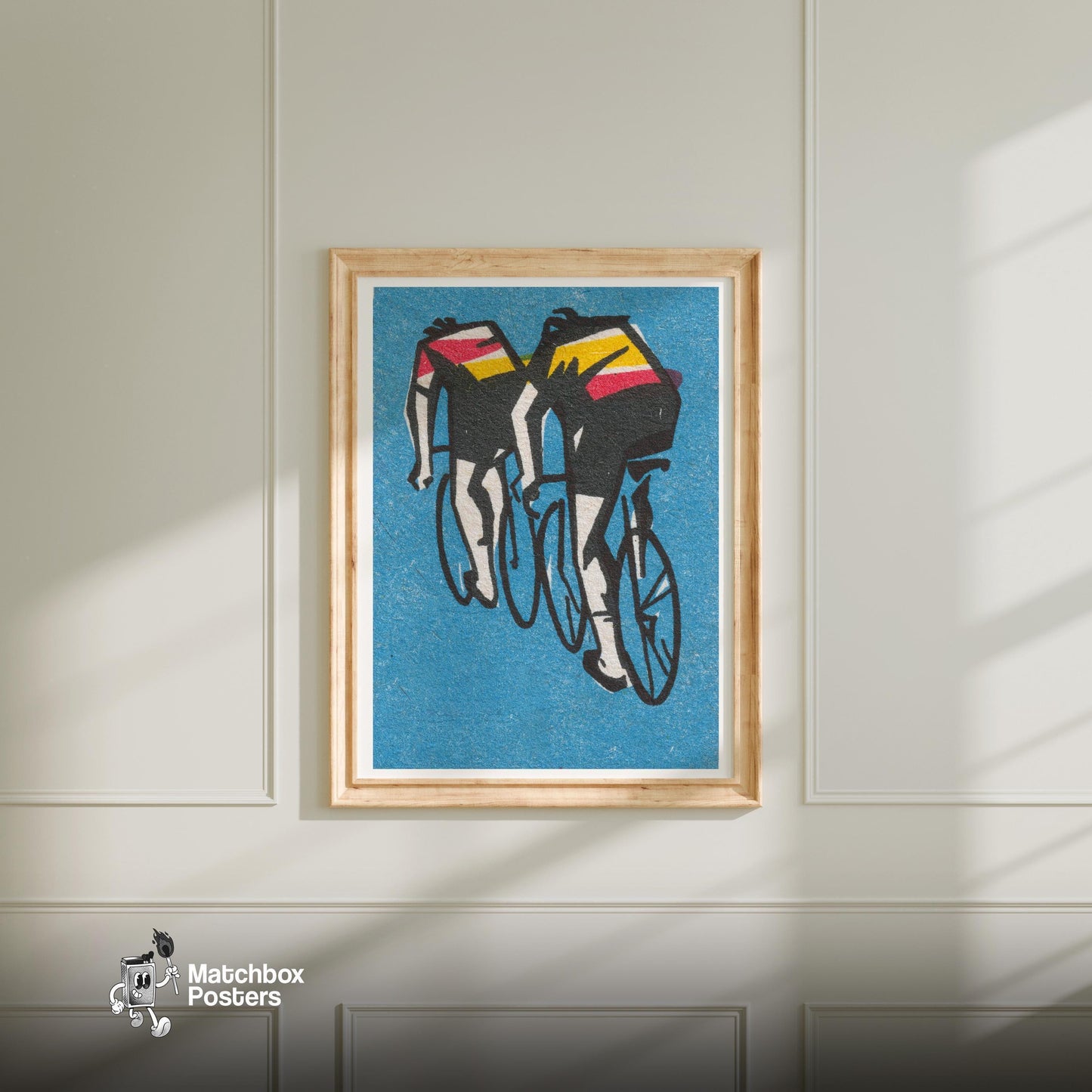 Two Cyclists - vintage matchbox label print - bedroom mockup
