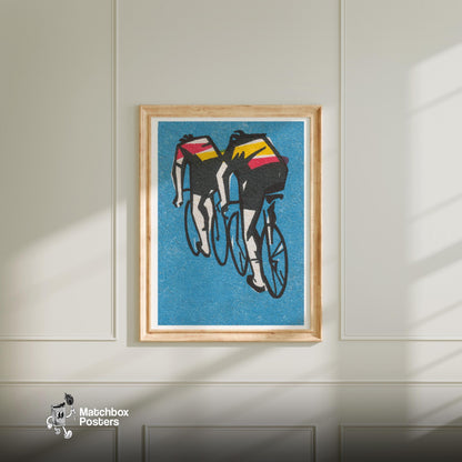Two Cyclists - vintage matchbox label print - bedroom mockup