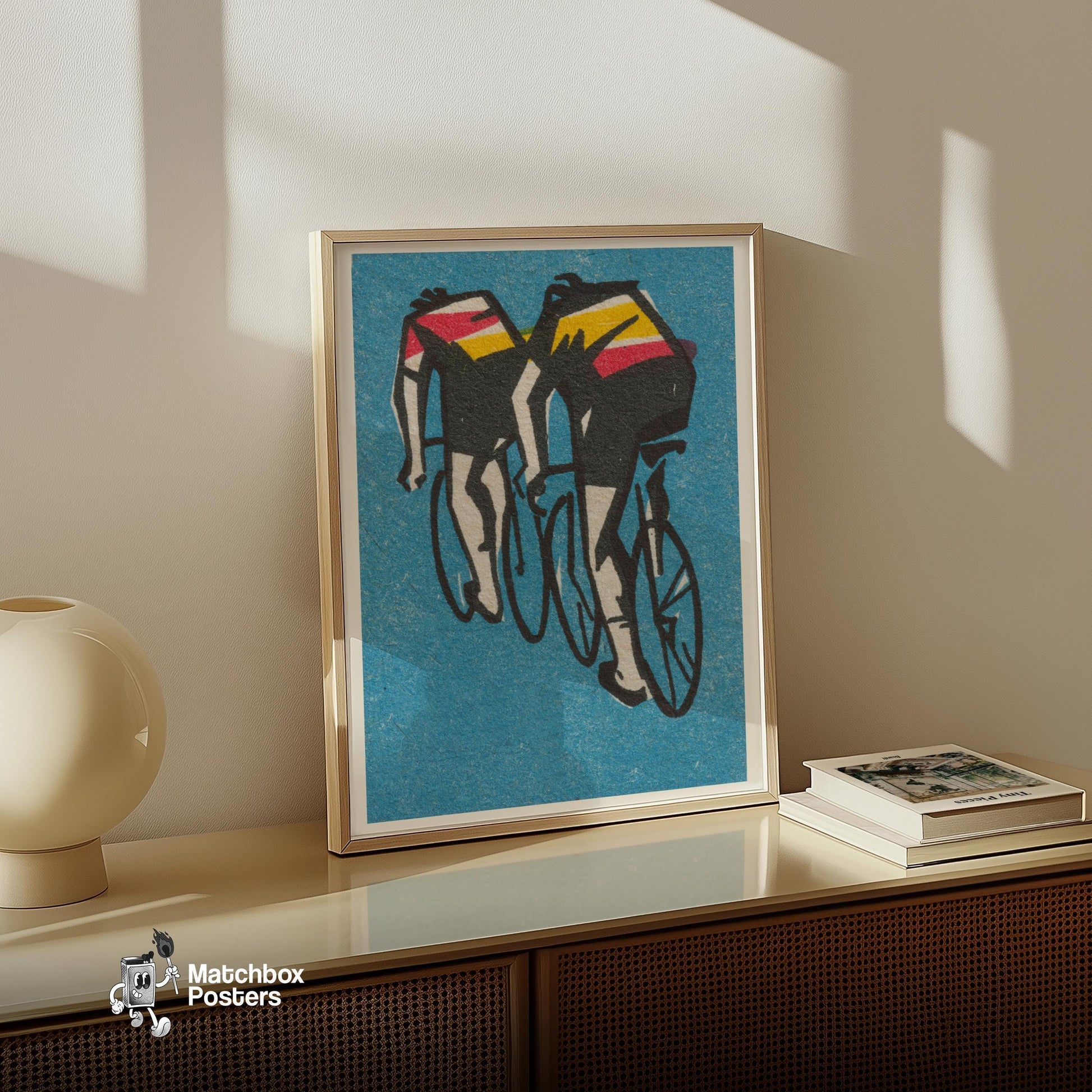 Two Cyclists - vintage matchbox label print - size comparison