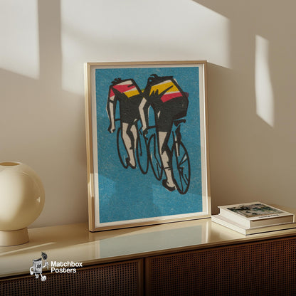 Two Cyclists - vintage matchbox label print - size comparison