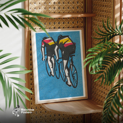 Two Cyclists - vintage matchbox label print - office wall