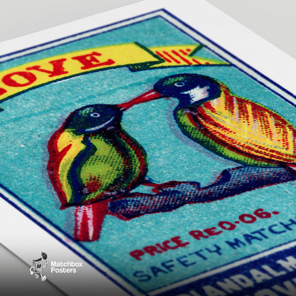 Two Lovebirds - vintage matchbox label print - close-up detail