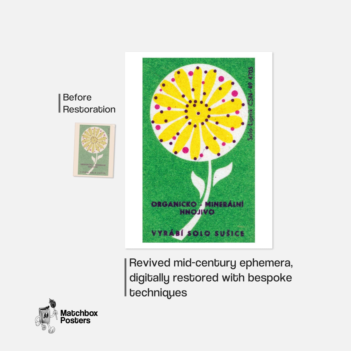 Yellow Flower - vintage matchbox label print - framed wall art preview