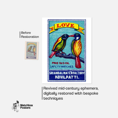 Two Lovebirds - vintage matchbox label print - framed wall art preview