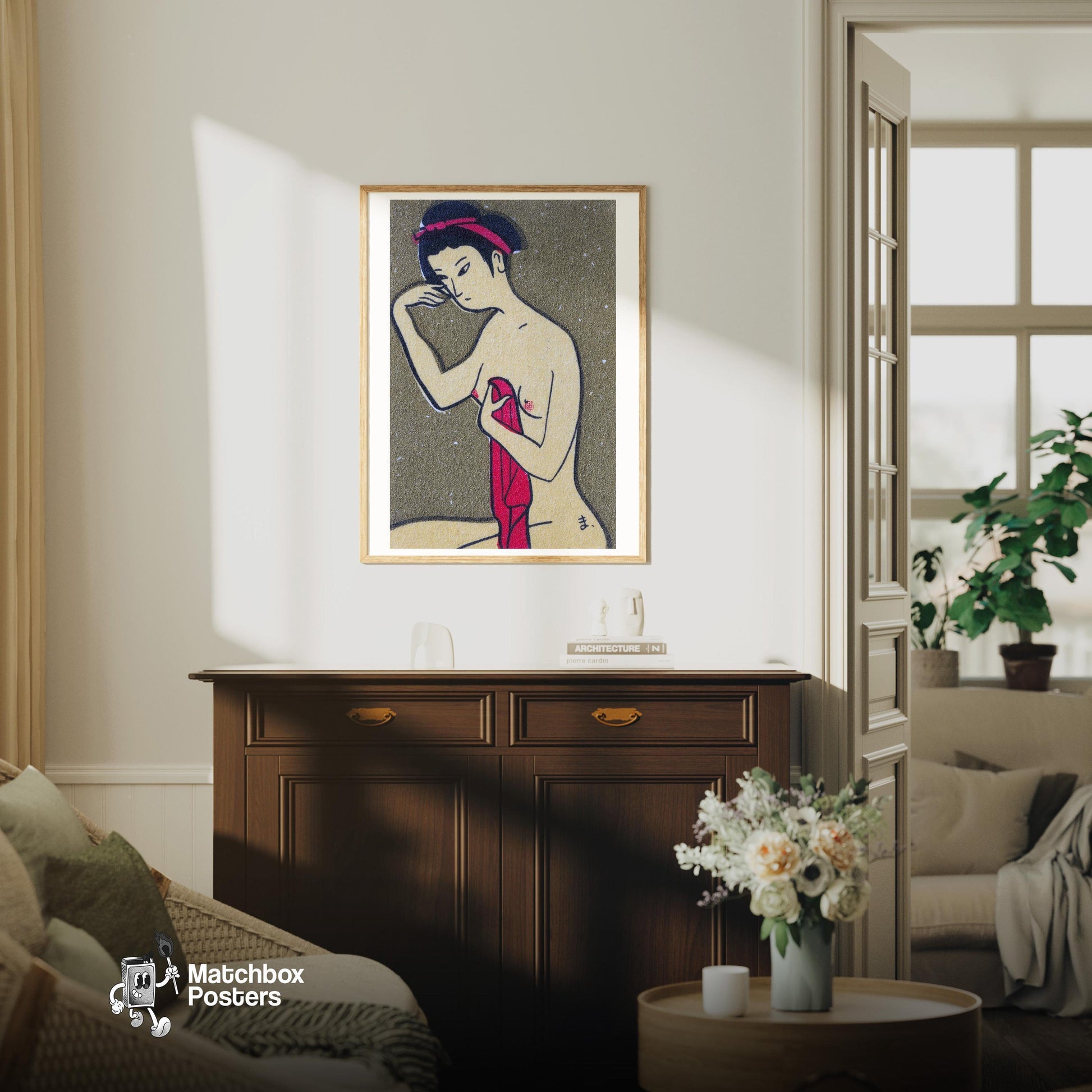 Sad Woman - vintage matchbox label print - living room mockup