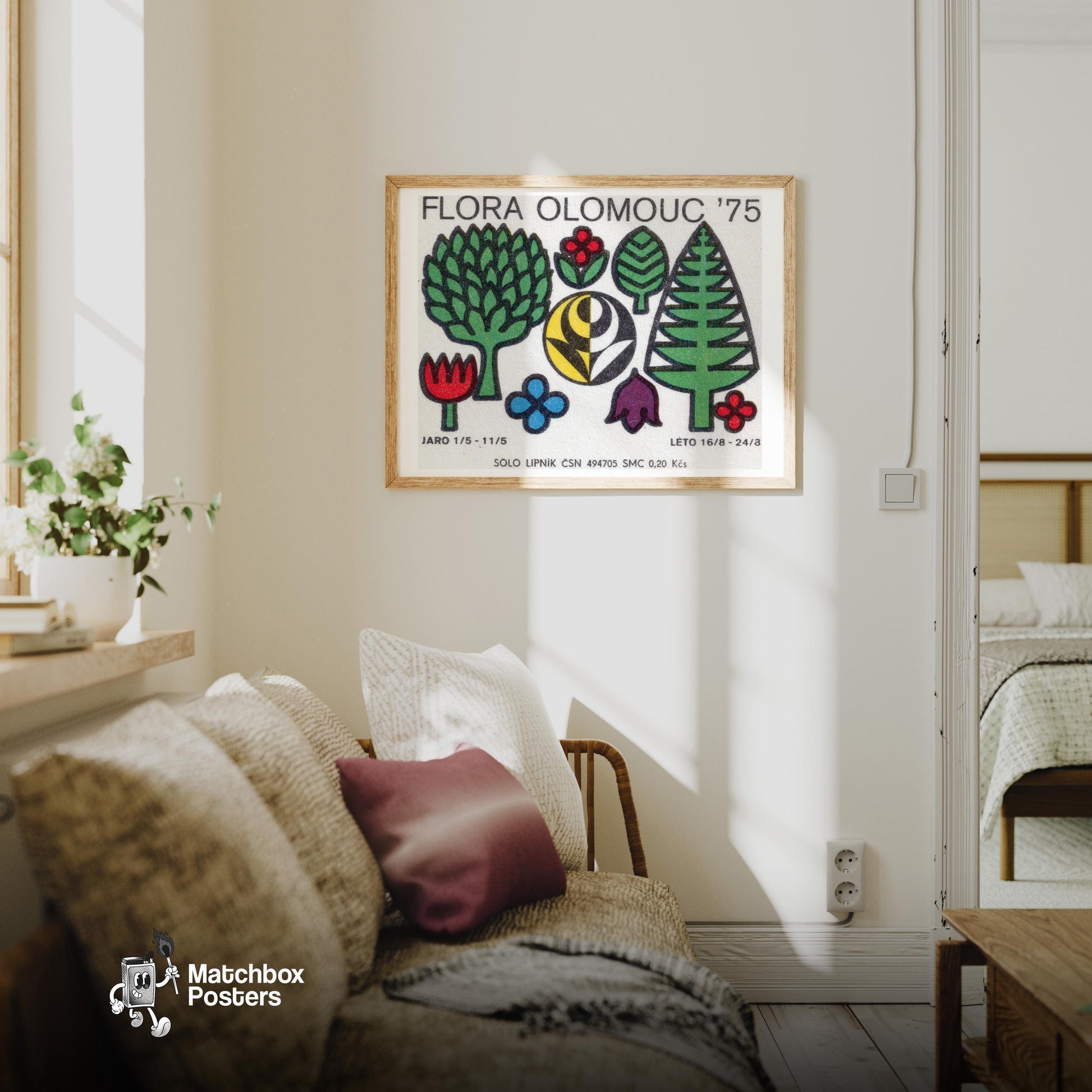 Czech Flora - vintage matchbox label print - living room mockup