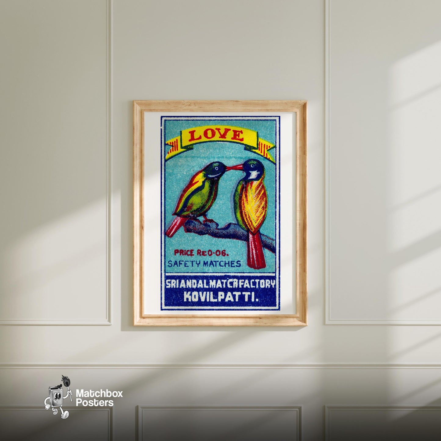 Two Lovebirds - vintage matchbox label print - bedroom mockup