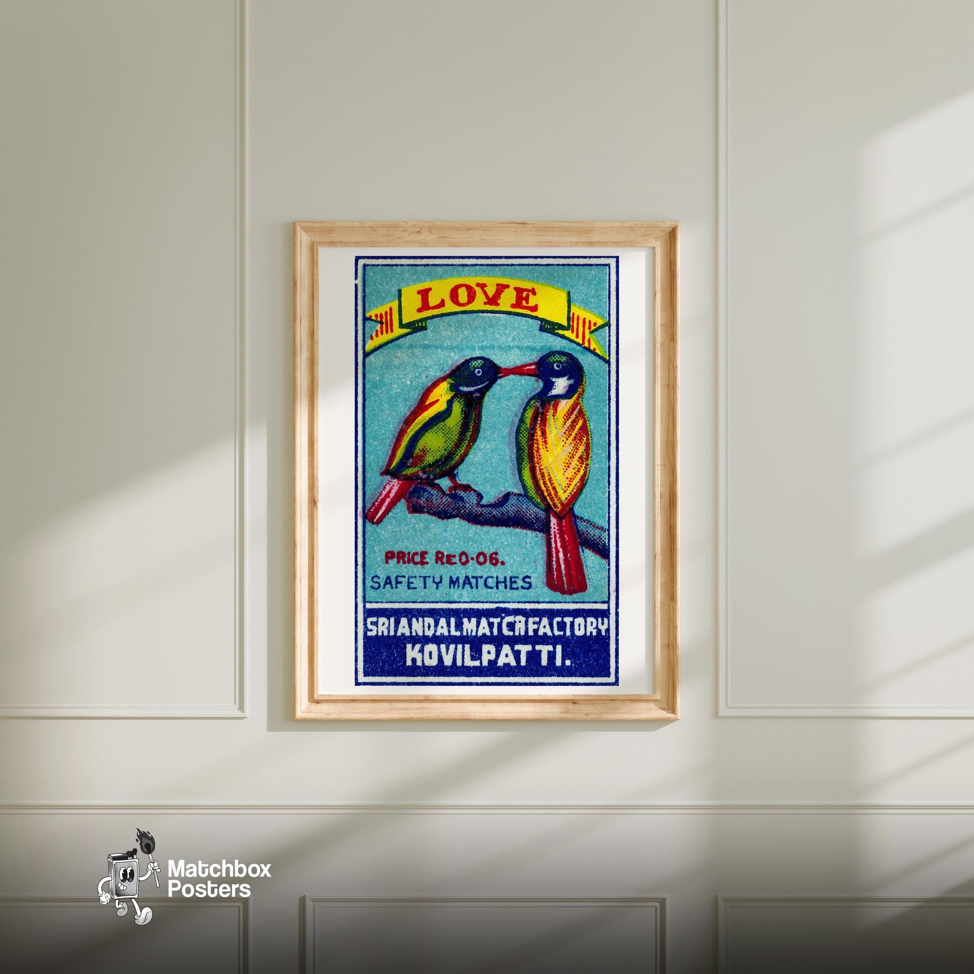 Two Lovebirds - vintage matchbox label print - bedroom mockup