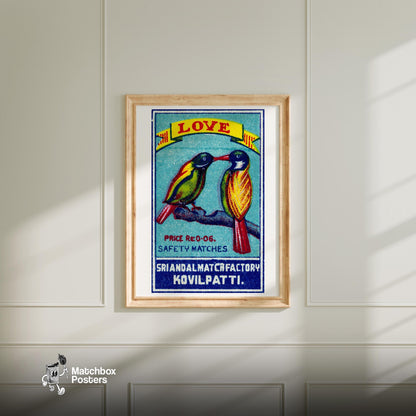 Two Lovebirds - vintage matchbox label print - bedroom mockup