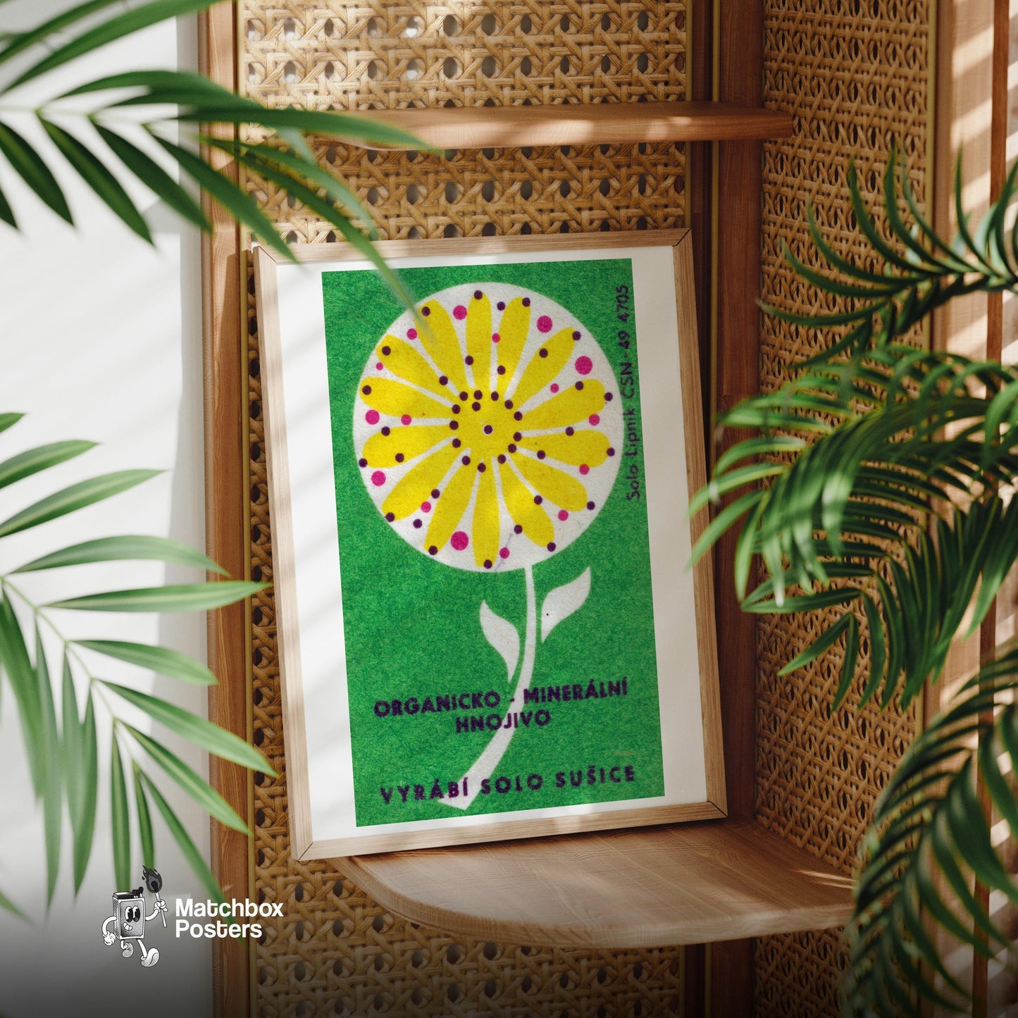Yellow Flower - vintage matchbox label print - office wall