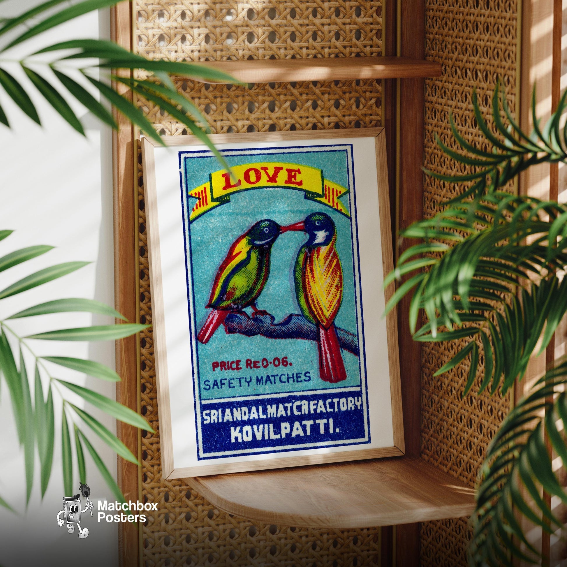 Two Lovebirds - vintage matchbox label print - office wall