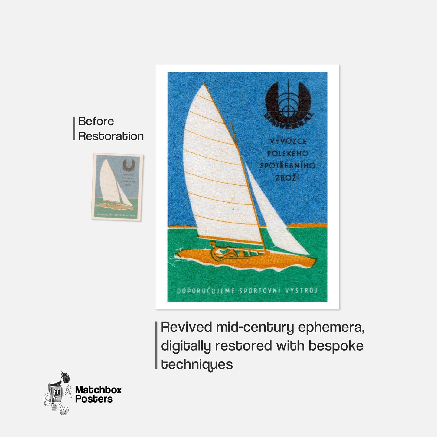 Sailboat - vintage matchbox label print - framed wall art preview