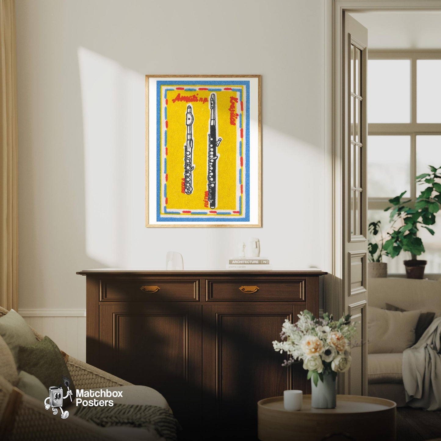 Two Flutes - vintage matchbox label print - living room mockup